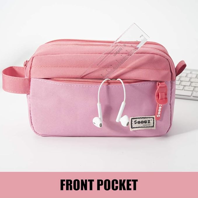 Sooez High Capacity Pencil Case, Big Pencil Bag Pouch Box Organizer Pen Case, Portable Journaling Supplies with Easy Grip Handle & Loop, Asthetic Supply for Girls Adults, Pink