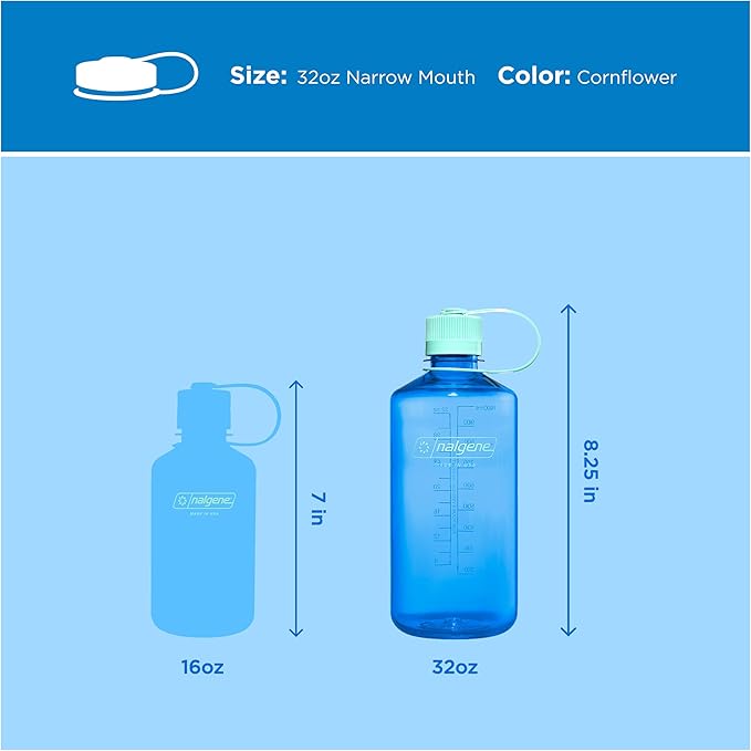 Nalgene 32 oz Narrow Mouth Water Bottle | BPA-Free, Durable & Leak Proof, Lightweight Bottle for Hiking, Gym & Travel, Cornflower Blue
