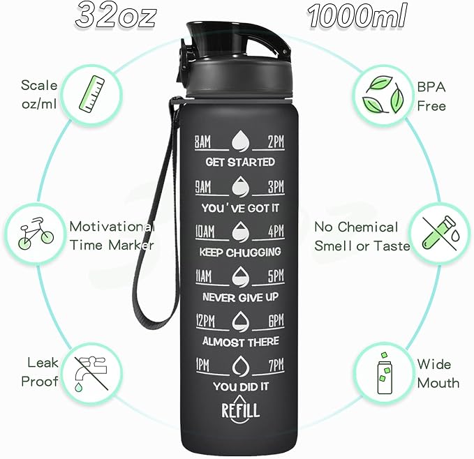 Enerbone Water Bottle, Leakproof BPA & Toxic Free, Motivational Water Bottle with Times to Drink and Straw, Fitness Sports Water Bottle with Strap for Office, Gym, Outdoor Sports