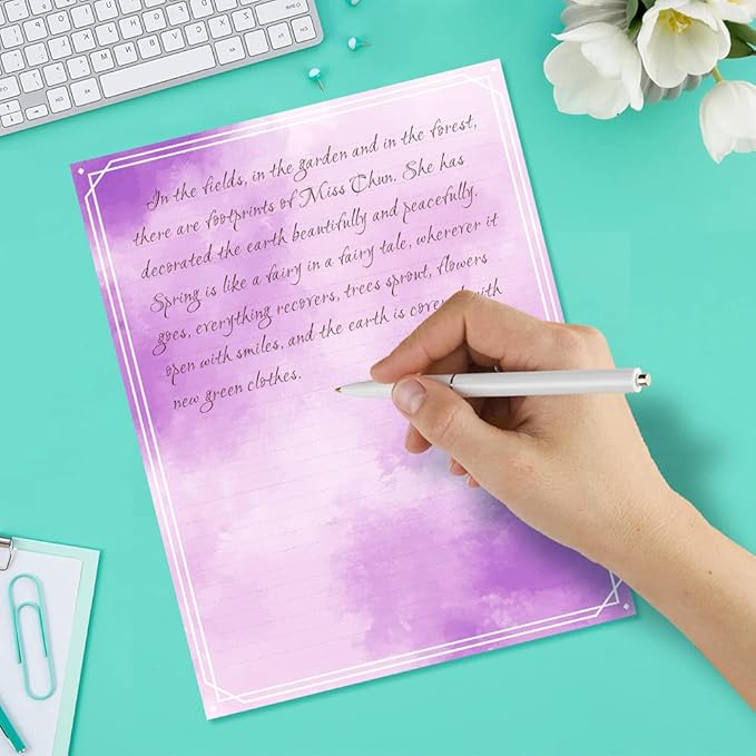 Anzon Mories Watercolor Stationery Paper Set 96 Pieces (Lined) Double Sides Colored 21lb/100gsm Heavy Weight Writing Stationary Paper 8.5” x 11” US Letter Size, 8 Colors Original Design College Ruled