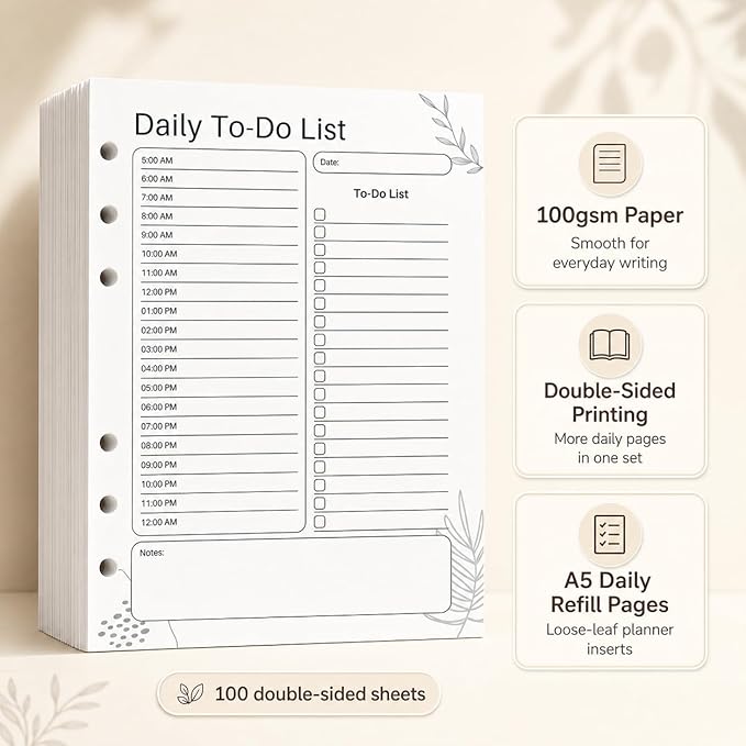 A5 Daily To Do List Planner Inserts, 6-Ring Undated Planner Refill Pages with Hourly Schedule, Checklist & Notes, 100 Double-Sided Sheets, 100gsm White Paper, 5.8 x 8.3 in