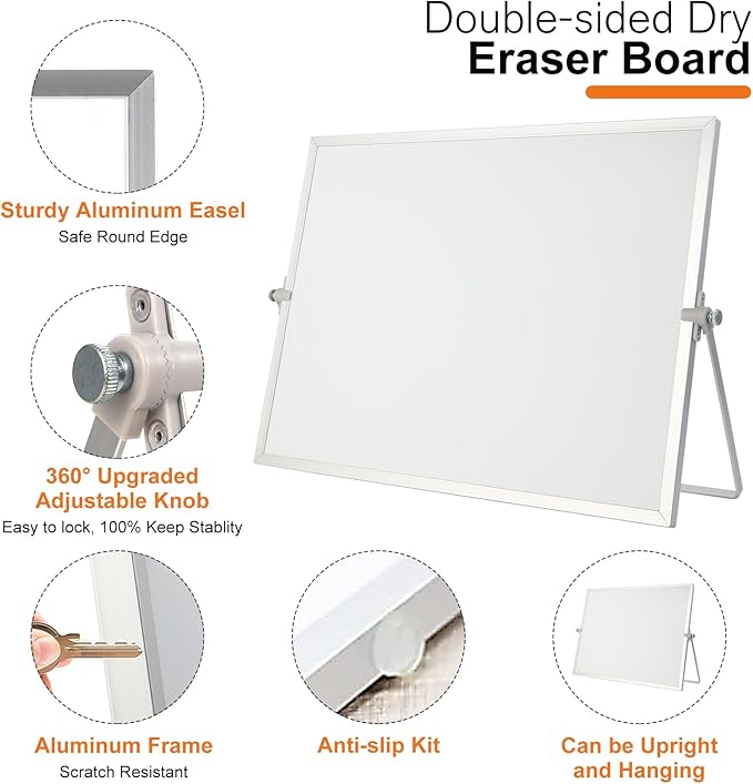 Dry Erase White Board, 16 x 12 inch Double-Sided Desktop Whiteboard with Stand, 10 Markers, 10 Magnets and 1 Eraser, Portable Double-Sided Dry Erase Board for Drawing, School, Office and List Wall