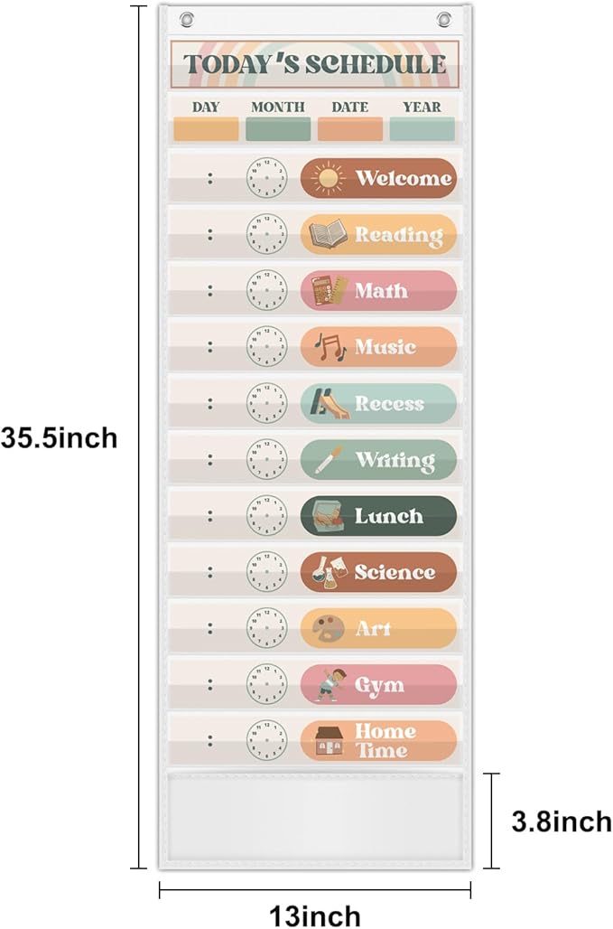 Boho Daily Schedule Pocket Chart for Classroom with 24 Cards，Welcome Back to School Classroom Decorations, White