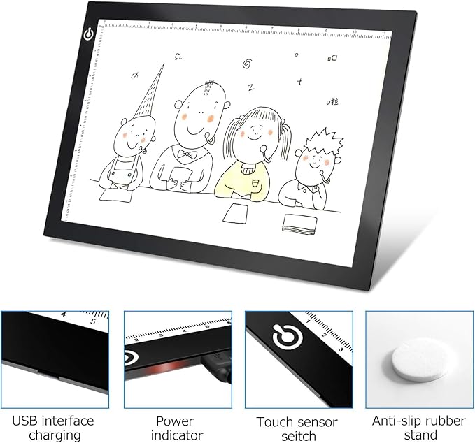 Black A4 Dimmable LED Artcraft Light Box Tracer Slim Light Pad Portable Tablet, USB Power Cable Copy Drawing Board Tracing Table for Artists Designing, Animation, Sketching, Stenciling X-ray Viewing