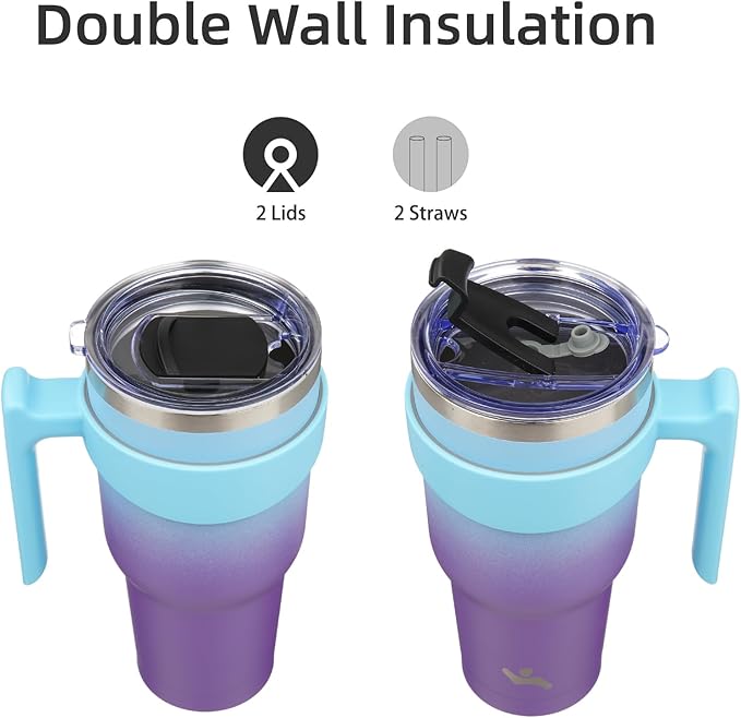Konokyo 40 oz Tumbler with Handle and 2 Straw 2 Lid, Insulated Water Bottle Stainless Steel Vacuum Cup Reusable Travel Mug,Ocean Dream