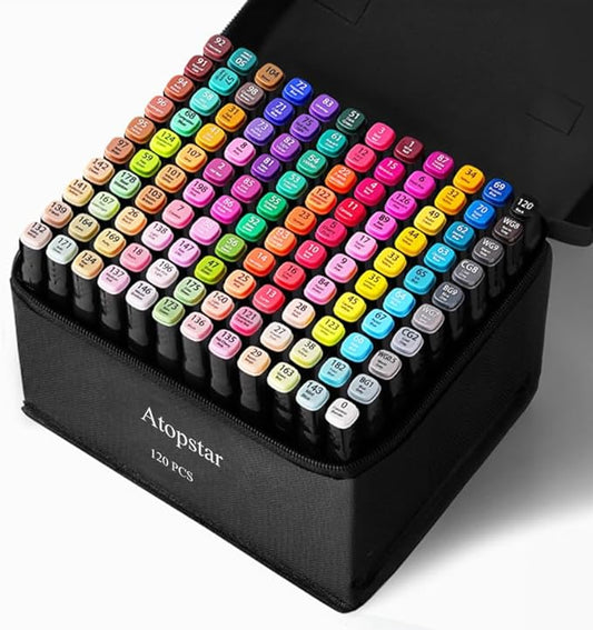 ATOPSTAR 120 Colors Alcohol Markers Artist Drawing Art Markers for Kids Dual Tip Markers for Adult Coloring Painting Supplies Perfect for Gift(120 Black Shell)