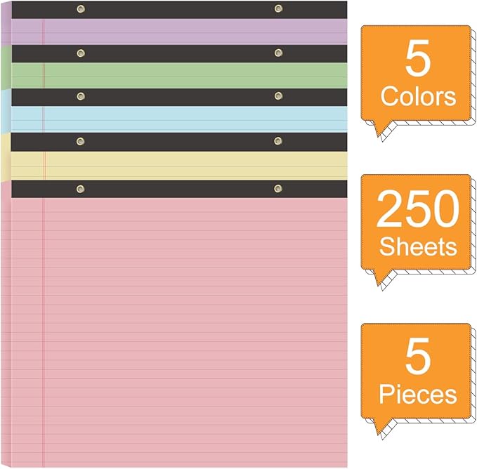 Yaridar (5 Pads 11" x 9.5" Legal Pads College Ruled Notepad, Colored Lined Paper Pads, 50 Sheets/Pad, Colors Pastel Writing Pads for School Office