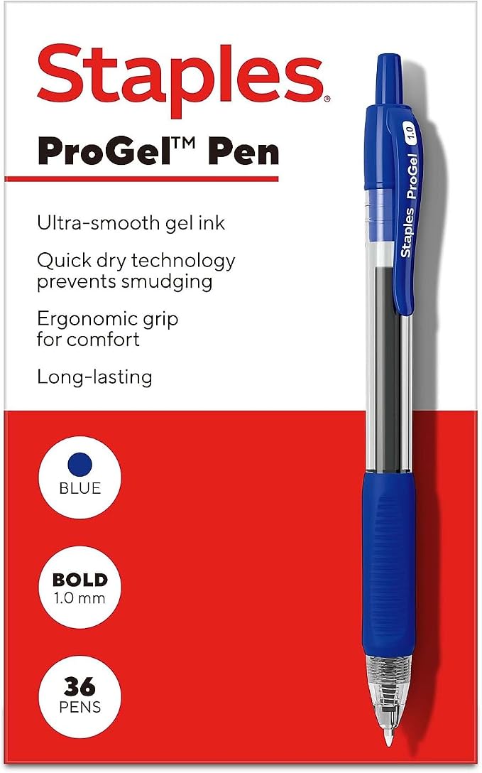 Staples ProGel Retractable Gel Pens, Bold 1.0mm, Blue Ink, 36-Pack | Smooth-flow pens for high-volume everyday office writing.