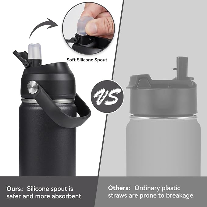Fijinhom 24oz Insulated Stainless Steel Water Bottle, Wide Mouth Double Wall Vacuum, Silicone Straw, Sweat & Leak Proof, BPA Free Insulated Water Flask for Travel, Keep Cold 24h Hot 12h, Black