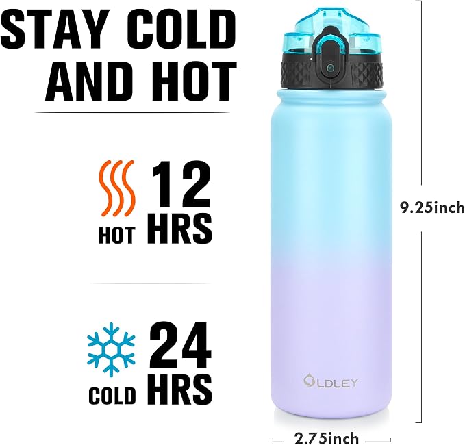 Oldley Insulated Water Bottle 20oz Water Bottles with Straw, Stainless Steel Water Bottle with 3 Lids, Double Wall Vacuum Bottels for Adults School Kids,Leak-Proof Sport Bottles, Ombre Blue-purple