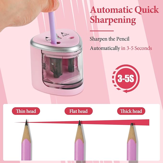 AUAUY Electric Pencil Sharpener with Double Hole, Battery Operated Automatic Sharpener with 2 Extra Knife Holders, for 6-8mm/9-12mm Standard Pencils, Colored Pencils, and Skectch Pencils（Pink）