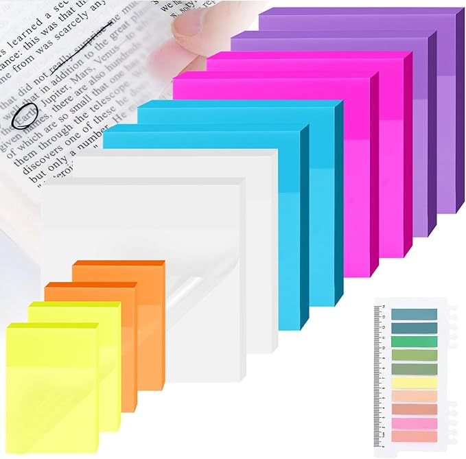 800 Sheets Transparent Sticky Notes with Index Tab, Waterproof & Crystal Clear Sticky Notes Sets, See-Through PET Sticky Note, 5X The Sticking Power Translucent Sticky Note Pad,13 Packs