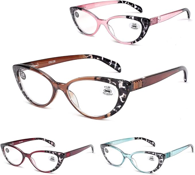 4 PACK Cat Eye Reading Glasses for Women Blue Light Blocking Readers with Spring Hinge Anti Glare UV（Mix,2.5）