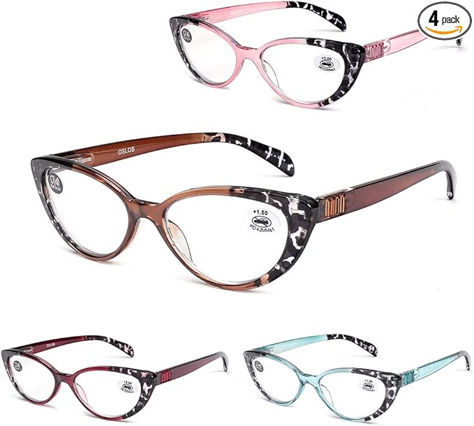 4 PACK Cat Eye Reading Glasses for Women Blue Light Blocking Readers with Spring Hinge Anti Glare UV（Mix,2.75）