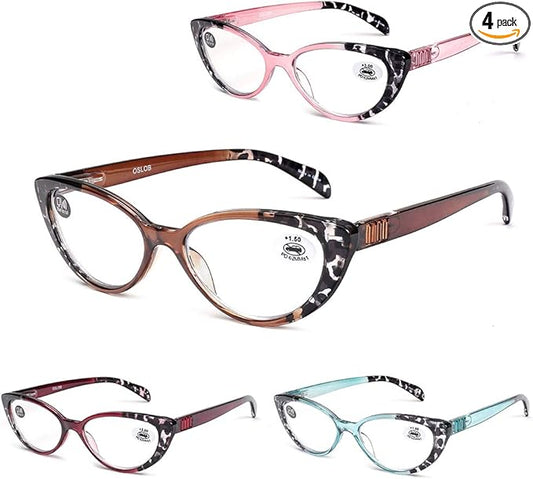 4 PACK Cat Eye Reading Glasses for Women Blue Light Blocking Readers with Spring Hinge Anti Glare UV（Mix,2.75）