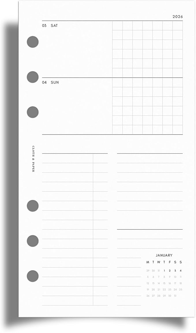 Cloth & Paper 2026 Dated Weekly Planner Inserts - Monday Start | Personal Size 3.75 x 6.75 Inches | 6 Ring Planner Refill Horizontal Weekly Layout, 214 Dated Pages | Minimal Agenda Refill