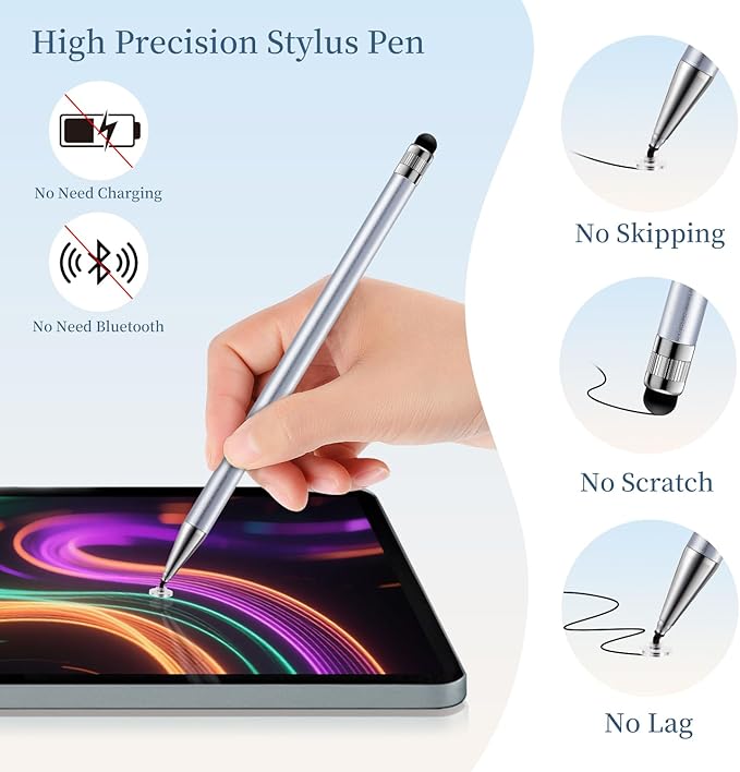 ChaoQ 2-in-1 Stylus Pen for Touchscreen, 6pcs High Sensitivity and Precision Stylus Pens for iPad iPhone Android Suitable for All Touch Screens (Silver)