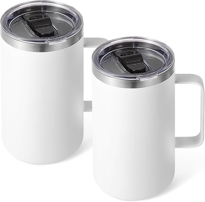Volhoply 22oz Insulated Stainless Steel Coffee Mugs with Leakproof Lid Bulk 2 Pack,Double Wall Vacuum Travel Coffee Cup with Handle,Reusable Metal Tumbler,Camping Mug Keep Hot&Cold(White,2)