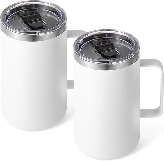 Volhoply 22oz Insulated Stainless Steel Coffee Mugs with Leakproof Lid Bulk 2 Pack,Double Wall Vacuum Travel Coffee Cup with Handle,Reusable Metal Tumbler,Camping Mug Keep Hot&Cold(White,2)