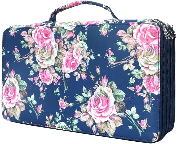 Vomgomfom 300 Slots Marker Bag, 4-Layer Zipper Portable Art Supply Organizer, PU Leather Large Capacity Marker Case Holds 100 Markers or 300 Colored Pencils with Handle (Blue Rose)