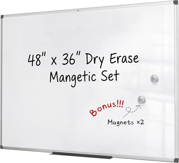 TOWON Magnetic Dry Erase Whiteboard 48 x 36 in, Large White Board for Wall, 4 x 3 Whiteboard with Marker Tray & 2 Magnets, Silver Aluminum Frame for Office, Classroom & Home