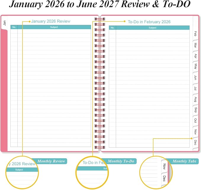 2026-2027 Monthly Planner - January 2026 - June 2027, Two Pages Per Month, 18 Monthly Calendar/Planner with Tabs, Inner Pocket, 6.4" x 8.5", Pink