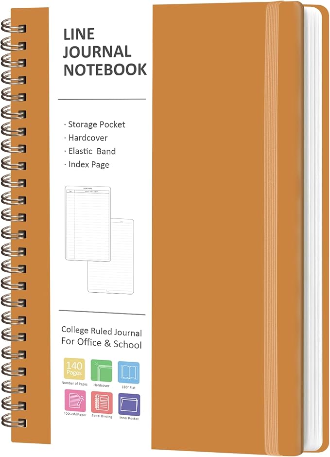 A5 Lined Spiral Journal Notebook, 146 Pages Hardcover Notebook with 100 GSM Thick Paper, Inner Pocket & Elastic Closure, 5.7" x 7.9", Notebooks for Work, School, College, Office, Journaling & Note Taking