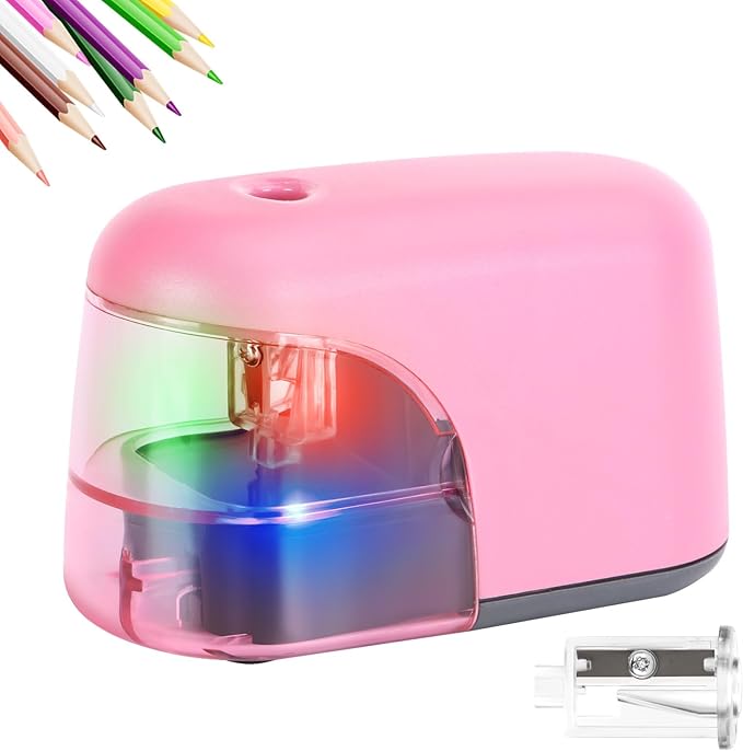 Battery-Operated Electric Pencil Sharpener with LED Light – Compact & Portable Pencil Sharpener for Home, School, or Office Use (Pink)