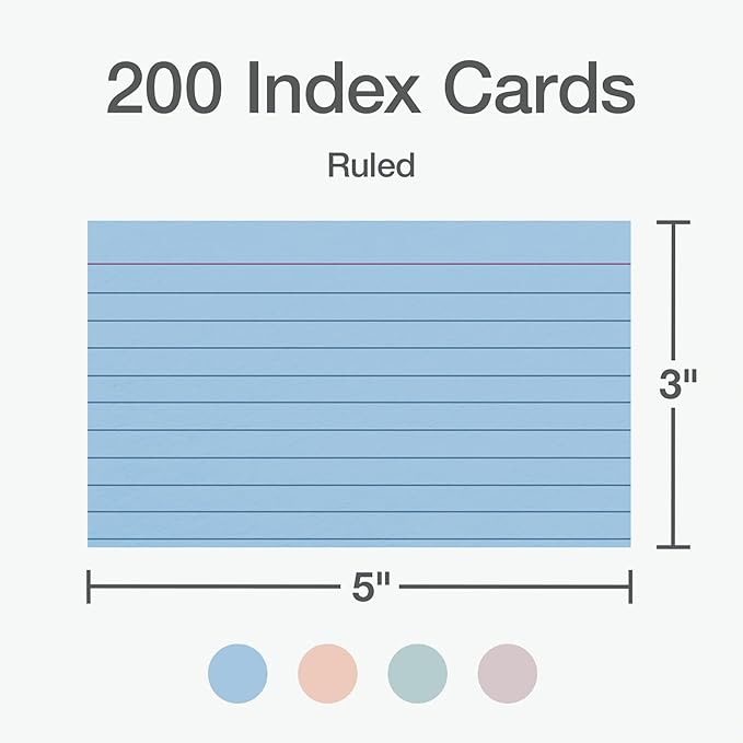 Oxford Ruled Index Cards, Lined Note Cards, Flashcards for School, 4 Assorted Pastel Colors: Gray, Peach, Light Blue and Light Green, 3 Inch x 5 Inch, 200 Cards Per Pack (1017486)
