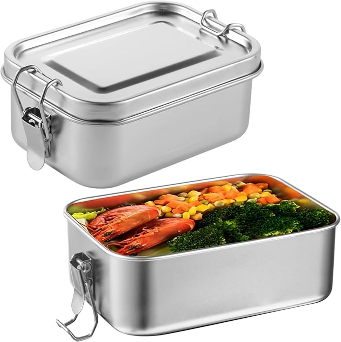 2 PCS Bento Boxes, 550 ML Stainless Steel Lunch Boxes, Food Storage Containers, Portable Metal Lunch Containers, Lockable Clips to Leak Proof, Reusable Dishwasher Safe Lunch Snack Boxes