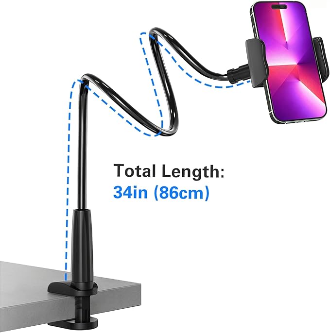 MAGIPEA Cell Phone Clip Bed Stand Holder, with Grip Flexible Long Arm Gooseneck Bracket Mount Clamp for Desk, Compatible with iPhone 17/16 Pro Max, 15, 14 or Other 3.5-7" Devices (Black, 34in)