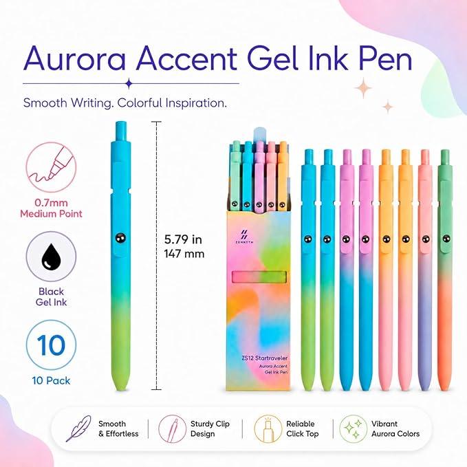 Gel Pens School Office Supplies - 10 Pcs 0.7mm Cute Black Ink Ballpoint, Aesthetic Fine Point Pen, Desk Accessories for Women College Teacher, Pastel Colored Smooth Writing Pen for Journaling Gifts