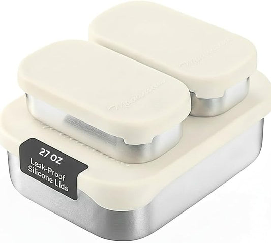Modaniam Stainless Steel Lunch Box Containers, 27 OZ, Stainless Steel Bento Box, Metal Lunch Box, Sandwich & Snack Containers, Leak Proof SIlicone Lids, Korean Style,Small Vanilla