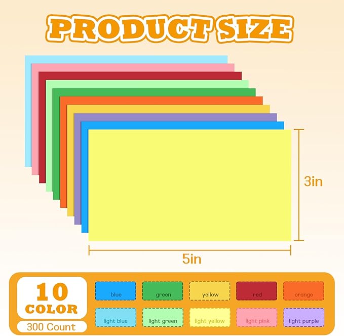 BIGNC 300 PCS Colored Index Cards, 3x5 Inch Blank Note Cards Study Cards Flash for Studying Learning, Memo Scratch Pad