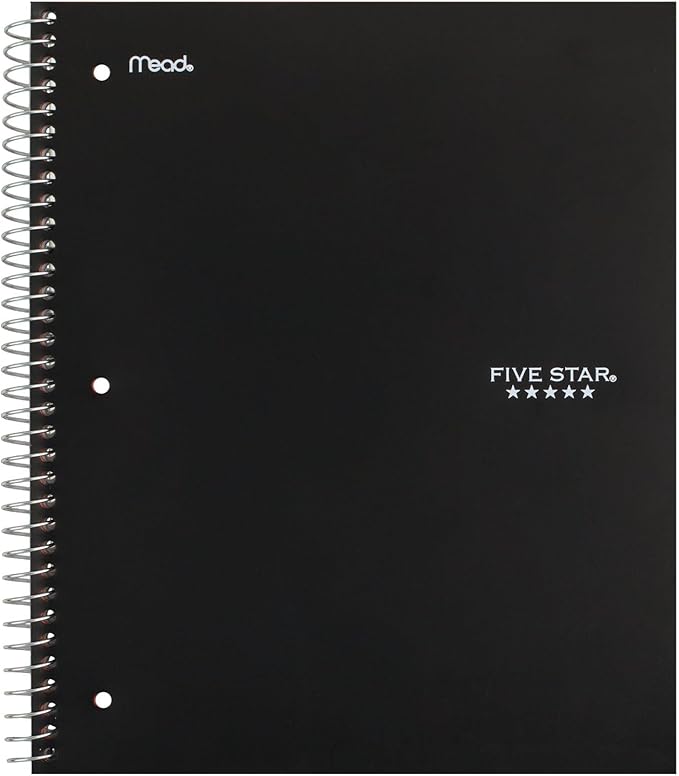Five Star Spiral Notebook, 3 Subject, Wide Ruled, 8" x 10-1/2" | 150 Sheets | Black | Pack of 2 | Study App