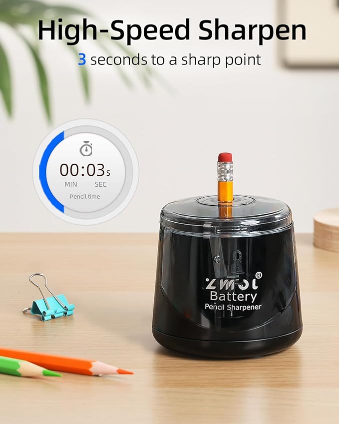 ZMOL Battery Powered Electric Pencil Sharpener,Small Battery Operated Colored Pencil Sharpeners Portable for Kids,Fast Sharpen, Suitable for No.2/Colored (6-8mm), School/Classroom/Office/Home Black
