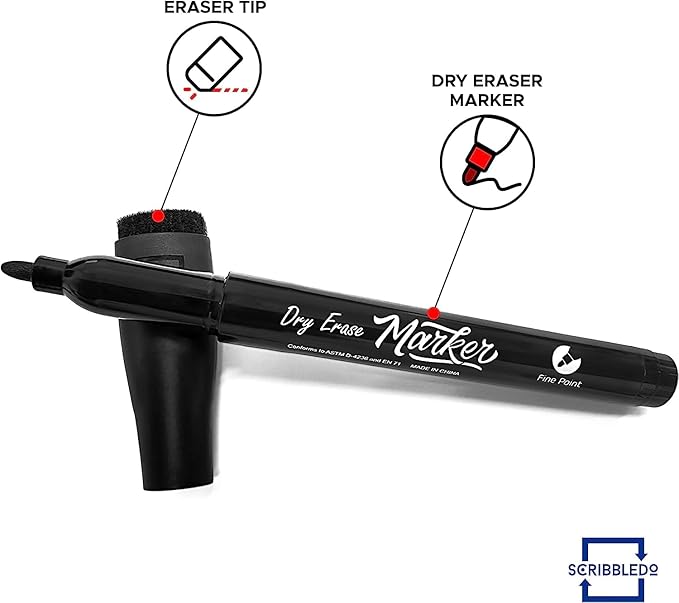 Scribbledo 36-Pack Black Fine Tip Dry Erase Markers with Eraser Cap | Low-Odor Whiteboard Markers for Office, Workplace & Professional Use