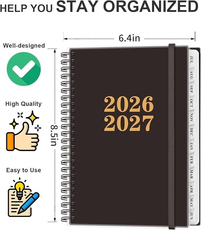 Planner 2026-2027 - Academic Planner from July 2026 to June 2027, Weekly & Monthly Planners Spiral Bound with 12-Month Tabs, Inner Pocket, 6.25" x 8.5", Black
