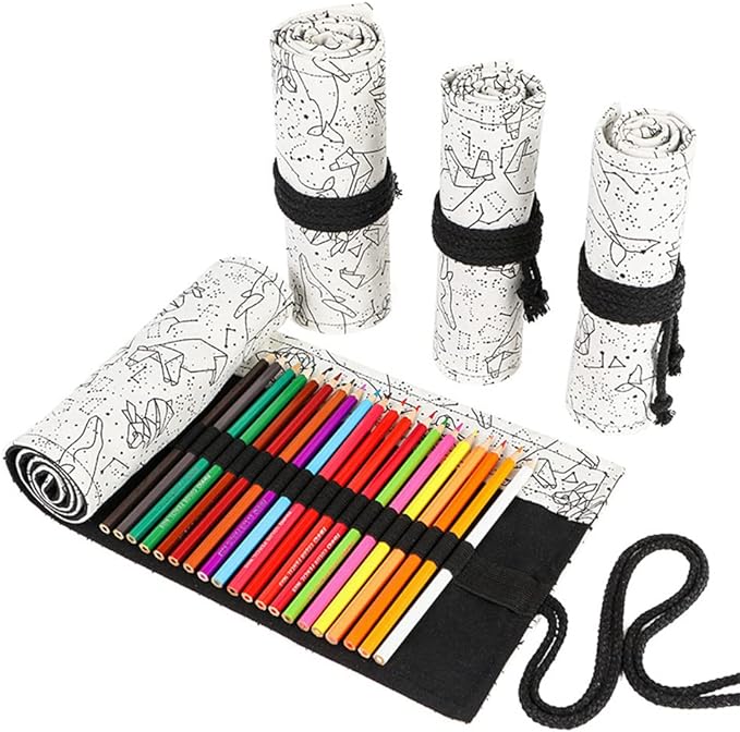 DIYOMR 24/36/72 Slots Pencil Wrap Pencil Rolls, Artist Colored Pencils Roll Up Bag Short Brushes Pouch Case Pencils Organizer for Drawing Coloring and Sketching (White Starry Sky, 72slots)