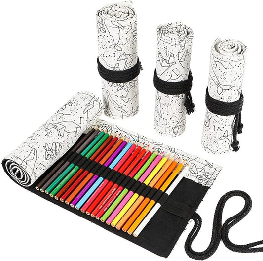 DIYOMR 24/36/72 Slots Pencil Wrap Pencil Rolls, Artist Colored Pencils Roll Up Bag Short Brushes Pouch Case Pencils Organizer for Drawing Coloring and Sketching (White Starry Sky, 72slots)