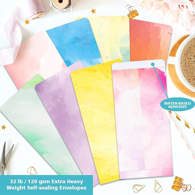 Anzon Mories Watercolor Stationary Writing Paper Envelope Set (2 Sides Colored, 1 Side Lined) 48 Sheets, 24 Pcs Envelopes, Letter Stationery 8.5 x 11 In Decorative Paper, 8 Designs Assorted