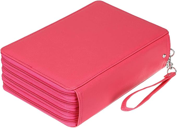 BTSKY 200 Slots Colored Pencil Organizer - Deluxe PU Leather Pencil Case Holder With Removal Handle Strap Pencil Box Large for Colored Pencils Watercolor Pencils (Pink)