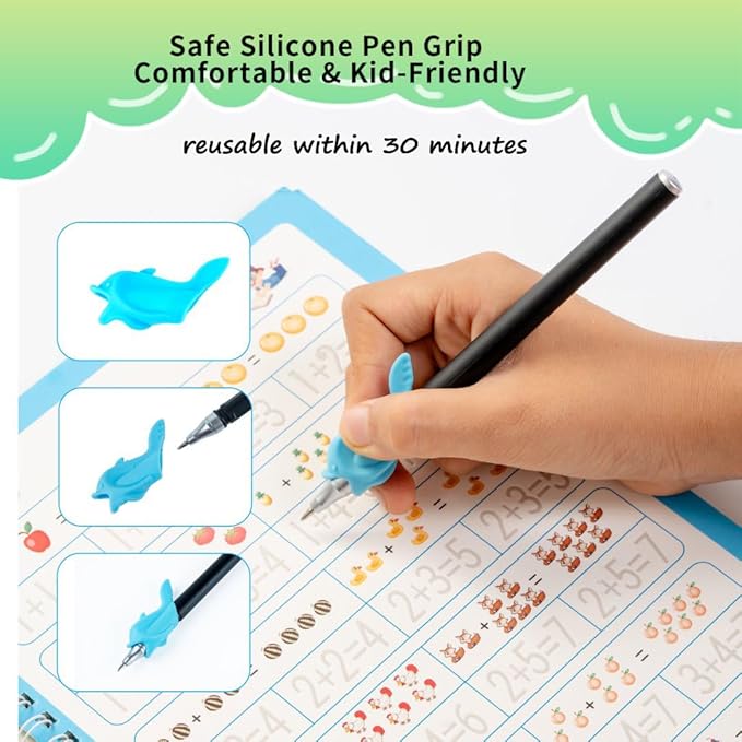 Magic Grooved Writing Practice Books for Kids with Disappearing Ink Pens Grips, Reusable Handwriting Workbooks 6 Pcs, Letter Tracing Copybook for Kindergarten Ages 3-8