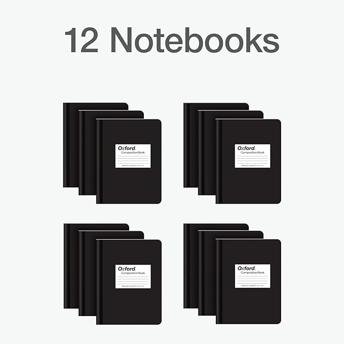 Oxford Composition Notebook 12 Pack, Notebooks for School, School Supplies, Wide Ruled Paper, School Journal, 7.5 x 9.75 Inches, 80 Sheets, Black Marble Covers (63750)