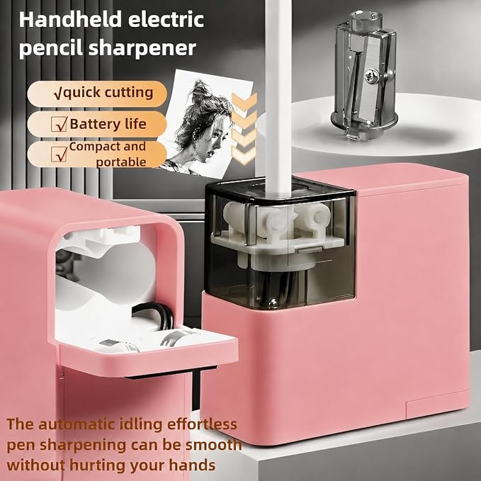 Electric Pencil Sharpener with Battery, Battery Powered,for Colored Pencils Handheld Pencil Sharpener,Portable Sharpener, Two Replacement Blades for in for 6-8mm Pencils for Office/Home/School (Pink)