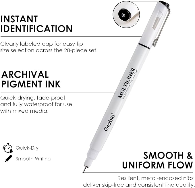 Grabie Micro Finerliner Pens, 20 Multicolor Fine Line Waterproof Drawing Pens, Assorted Point Sizes for Sketching, Illustration, Journaling, Art Supplies