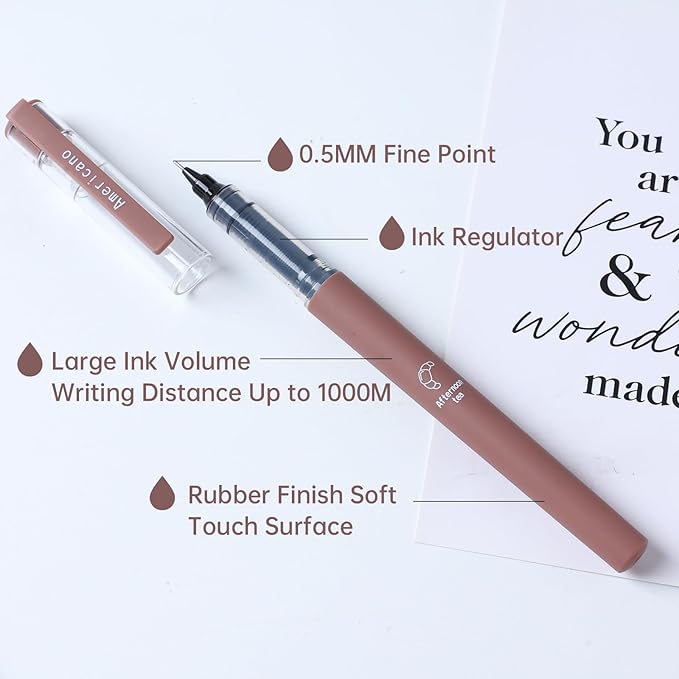 Aesthetic Cute Stick Rollerball Pens, Colored Ink Gel Pen, Quick Dry Colored Liquid Ink Pens, 0.5mm Fine Point Coffee Pens Soft Touch Smooth Writing for Journaling School Supplies (8 Pack)