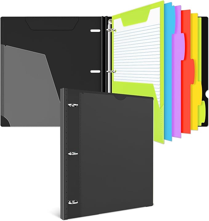 INFUN All-in-one Telescoping Binder Notebook, Refillable 3 Ring Notebook Binder with 1 Plastic Movable Pocket Folder,5 Plastic Subject dividers and Graph Paper and College Ruled Paper- Black