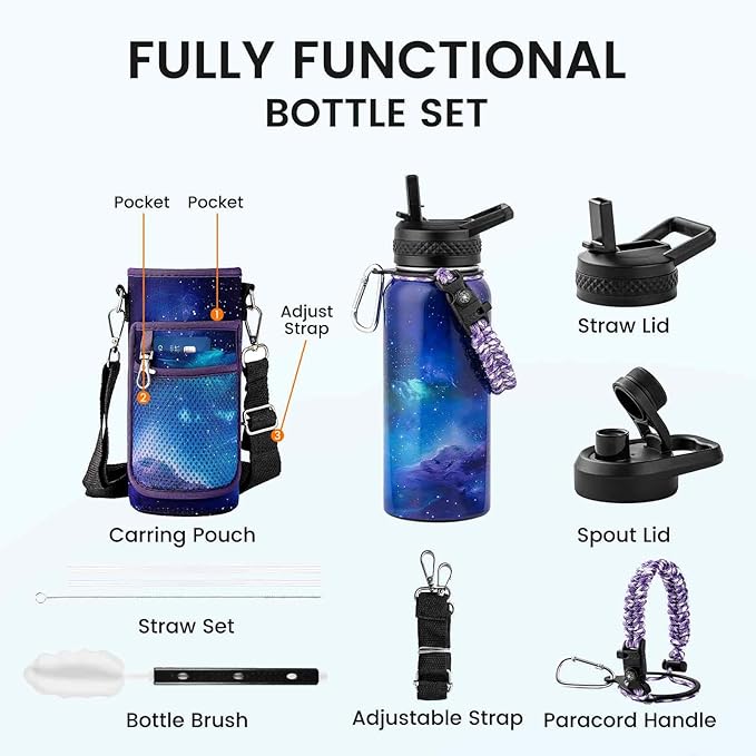 RAYMYLO Insulated Water Bottle 32 oz, Triple Wall Vacuum Stainless Steel (Cold for 24Hrs, Hot for 12Hrs), Leak Proof & Non-BPA, Modern Water Flask Jug with Paracord Handle & Straw Spout Lids