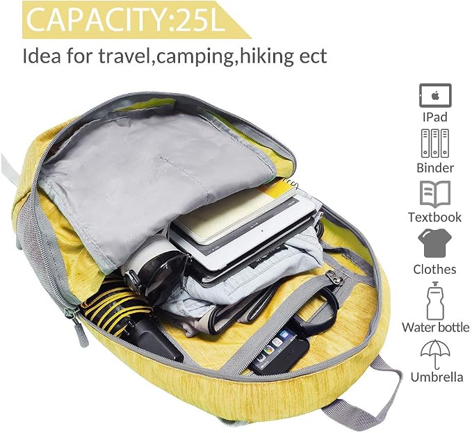 ZOMAKE 25L Ultra Lightweight Packable Backpack, Foldable Hiking Backpacks | Water Resistant Small Folding Daypack for Travel Camping, Everyday Carry, Multi-Pocket Layout, Adjustable Strap(Yellow)